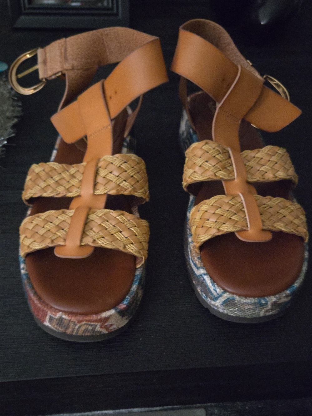 Circus by Sam Edelman Tan Braided T-Strap Platform Sandals with Patterned Edge